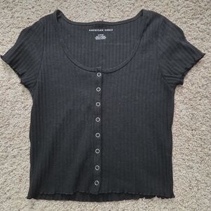 American Eagle Outfitters Black Ribbed Button-Down Top
